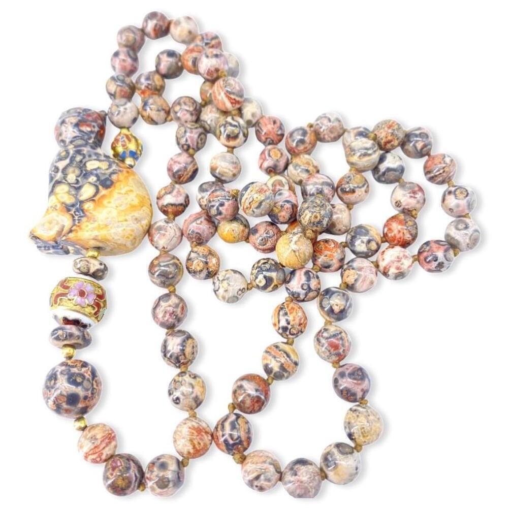 VVB30 - Leopard Jasper Carved Cat Cloisonné Necklace
